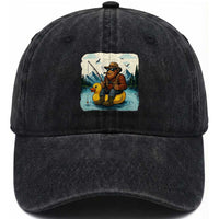 Funny Bigfoot Fishing Washed Cotton Baseball Cap Sasquatch Sitting Rubber Duckie Cruise