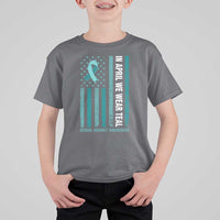 Sexual Assault Awareness American Flag T Shirt For Kid In April We Wear Teal Ribbon