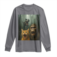 Cat Bigfoot Selfie With Dinosaur Long Sleeve Shirt Funny Surprised Scared Sasquatch Cat - Wonder Print Shop