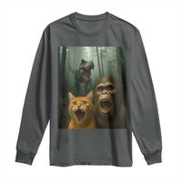 Cat Bigfoot Selfie With Dinosaur Long Sleeve Shirt Funny Surprised Scared Sasquatch Cat - Wonder Print Shop