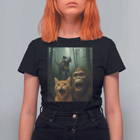 Cat Bigfoot Selfie With Dinosaur T Shirt For Women Funny Surprised Scared Sasquatch Cat - Wonder Print Shop