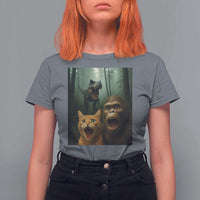 Cat Bigfoot Selfie With Dinosaur T Shirt For Women Funny Surprised Scared Sasquatch Cat - Wonder Print Shop