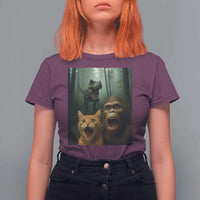 Cat Bigfoot Selfie With Dinosaur T Shirt For Women Funny Surprised Scared Sasquatch Cat - Wonder Print Shop