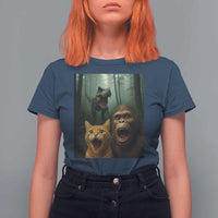 Cat Bigfoot Selfie With Dinosaur T Shirt For Women Funny Surprised Scared Sasquatch Cat - Wonder Print Shop