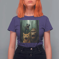 Cat Bigfoot Selfie With Dinosaur T Shirt For Women Funny Surprised Scared Sasquatch Cat - Wonder Print Shop