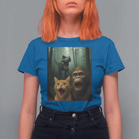 Cat Bigfoot Selfie With Dinosaur T Shirt For Women Funny Surprised Scared Sasquatch Cat - Wonder Print Shop