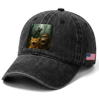 Cat Bigfoot Selfie With Dinosaur Washed Cotton Baseball Cap Funny Surprised Scared Sasquatch Cat