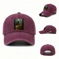 Cat Bigfoot Selfie With Dinosaur Washed Cotton Baseball Cap Funny Surprised Scared Sasquatch Cat