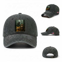 Cat Bigfoot Selfie With Dinosaur Washed Cotton Baseball Cap Funny Surprised Scared Sasquatch Cat