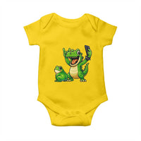 Funny Dinosaur Frog Selfie Baby Onesie Rock On Hand - Wonder Print Shop