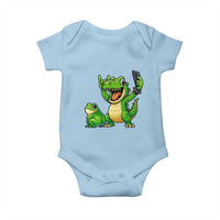 Funny Dinosaur Frog Selfie Baby Onesie Rock On Hand - Wonder Print Shop