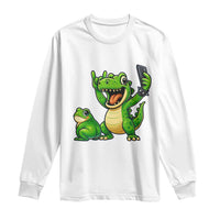 Funny Dinosaur Frog Selfie Long Sleeve Shirt Rock On Hand - Wonder Print Shop