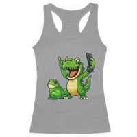 Funny Dinosaur Frog Selfie Racerback Tank Top Rock On Hand - Wonder Print Shop