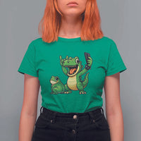 Funny Dinosaur Frog Selfie T Shirt For Women Rock On Hand - Wonder Print Shop