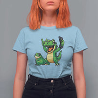 Funny Dinosaur Frog Selfie T Shirt For Women Rock On Hand - Wonder Print Shop
