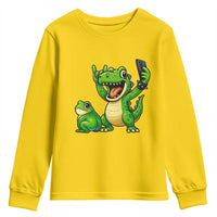 Funny Dinosaur Frog Selfie Youth Sweatshirt Rock On Hand - Wonder Print Shop