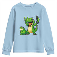 Funny Dinosaur Frog Selfie Youth Sweatshirt Rock On Hand - Wonder Print Shop