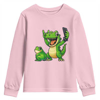 Funny Dinosaur Frog Selfie Youth Sweatshirt Rock On Hand - Wonder Print Shop