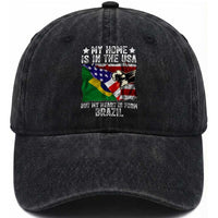 Brazilian American Patriot Heart Is From Brazil Flag Washed Cotton Baseball Cap