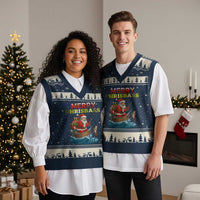 Santa Fishing Xmas V-Neck Knit Sweater Vest Funny Fisherman Merry Chrisbass Xmas - Wonder Print Shop