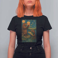 Funny Otter Drinking Beer T Shirt For Women Van Gogh Starry Night - Wonder Print Shop