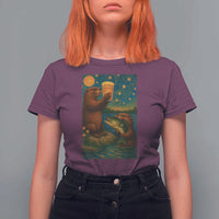 Funny Otter Drinking Beer T Shirt For Women Van Gogh Starry Night - Wonder Print Shop