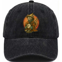 Japanese Samurai Cat Washed Cotton Baseball Cap Retro Cat Playing Shamisen Art