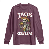 Tacos and Cervezas Long Sleeve Shirt Funny Skeleton Drinking Beer Lovers - Wonder Print Shop