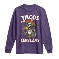 Tacos and Cervezas Long Sleeve Shirt Funny Skeleton Drinking Beer Lovers - Wonder Print Shop