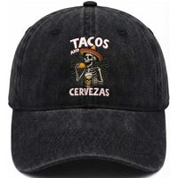 Tacos and Cervezas Washed Cotton Baseball Cap Funny Skeleton Drinking Beer Lovers