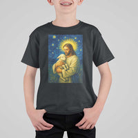 Jesus Christian T Shirt For Kid Hug Lamb Starry Night Van Gogh - Wonder Print Shop