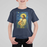 Jesus Christian T Shirt For Kid Hug Lamb Starry Night Van Gogh - Wonder Print Shop