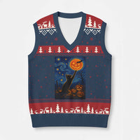 Black Cat Halloween V-Neck Knit Sweater Vest Starry Night Van Gogh - Wonder Print Shop