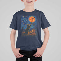 Black Cat Halloween T Shirt For Kid Starry Night Van Gogh - Wonder Print Shop