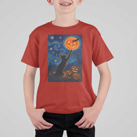 Black Cat Halloween T Shirt For Kid Starry Night Van Gogh - Wonder Print Shop