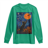 Black Cat Halloween Long Sleeve Shirt Starry Night Van Gogh - Wonder Print Shop