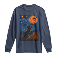 Black Cat Halloween Long Sleeve Shirt Starry Night Van Gogh - Wonder Print Shop