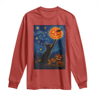 Black Cat Halloween Long Sleeve Shirt Starry Night Van Gogh - Wonder Print Shop