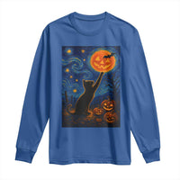 Black Cat Halloween Long Sleeve Shirt Starry Night Van Gogh - Wonder Print Shop