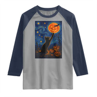 Black Cat Halloween Raglan Shirt Starry Night Van Gogh - Wonder Print Shop