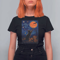 Black Cat Halloween T Shirt For Women Starry Night Van Gogh - Wonder Print Shop