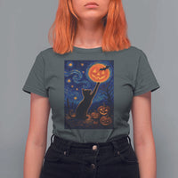 Black Cat Halloween T Shirt For Women Starry Night Van Gogh - Wonder Print Shop