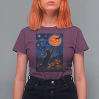 Black Cat Halloween T Shirt For Women Starry Night Van Gogh - Wonder Print Shop