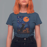 Black Cat Halloween T Shirt For Women Starry Night Van Gogh - Wonder Print Shop
