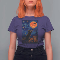 Black Cat Halloween T Shirt For Women Starry Night Van Gogh - Wonder Print Shop