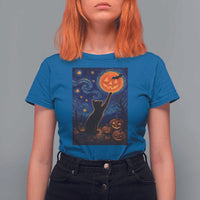 Black Cat Halloween T Shirt For Women Starry Night Van Gogh - Wonder Print Shop
