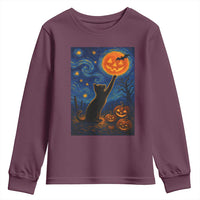 Black Cat Halloween Youth Sweatshirt Starry Night Van Gogh - Wonder Print Shop