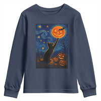 Black Cat Halloween Youth Sweatshirt Starry Night Van Gogh - Wonder Print Shop