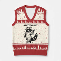 Stay Trashy Raccoon V-Neck Knit Sweater Vest Funny Raccoon Drinking Wine Meme