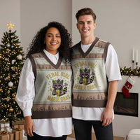 Mardi Gras Raccoon V-Neck Knit Sweater Vest Feral Girl Mardi Gras Trash Panda